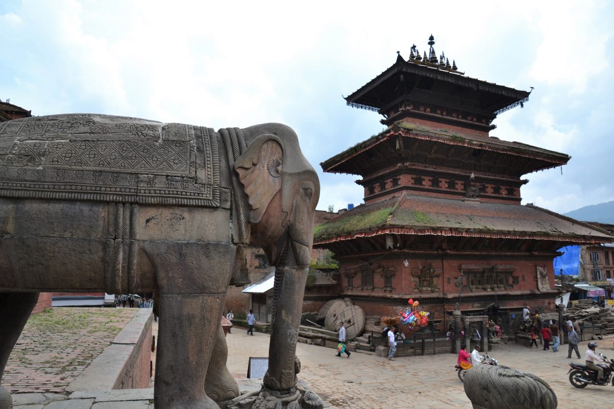 Elephant statue and temple on Durbar Square Bhaktapur