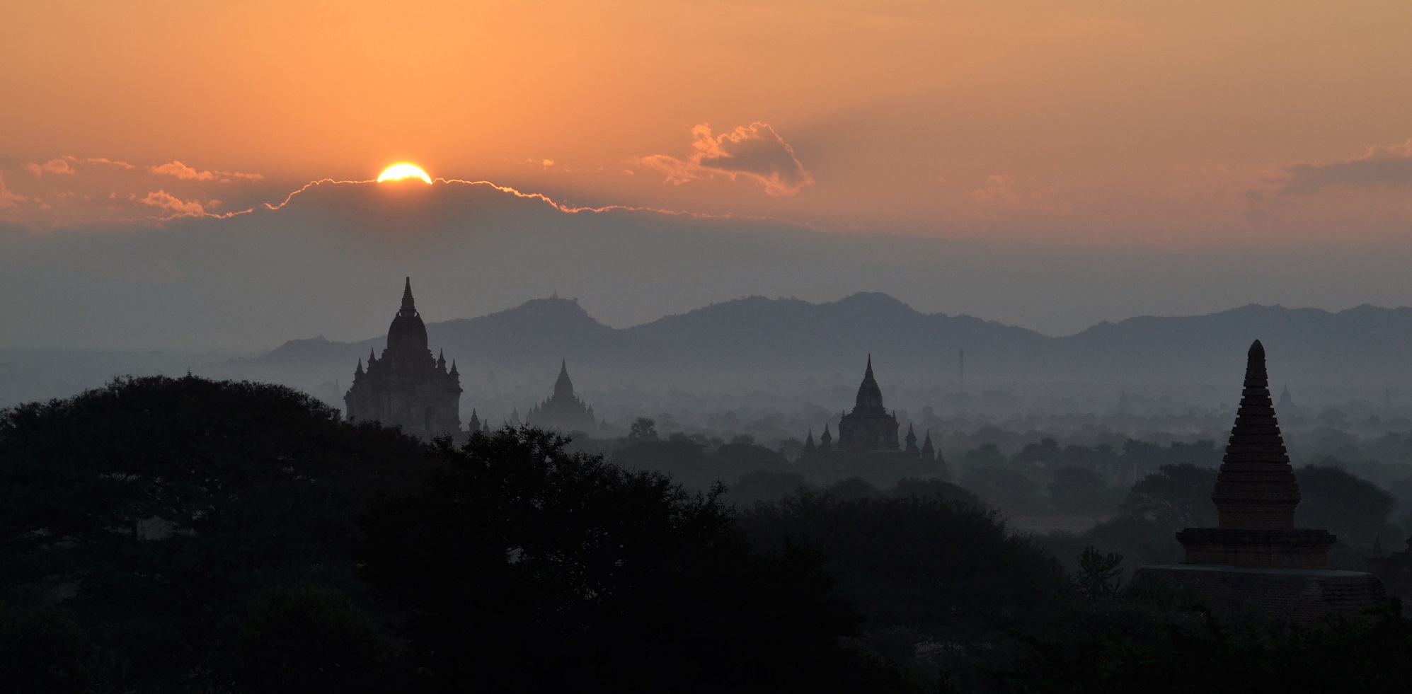 Sunset over the temples of Bagan in Myanmar